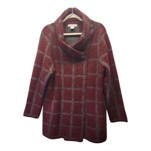 Ellen Tracy Red/Grey Windowpane Plaid Wool Blend Sweater Jacket Shawl Collar 1X